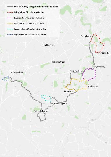 A map showing the route of Kett's Trail.
