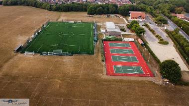 Aerial view of Kett's Park football pitches, tennis and netball courts, looking west. (Photo by Tim Mansfield)