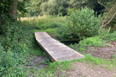 A wooden footbath bridging a shallow ditch at East Wymondham.