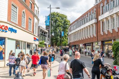 A photograph taken from St. Stephens Road, showing the newly pedestrianised Westlegate.
